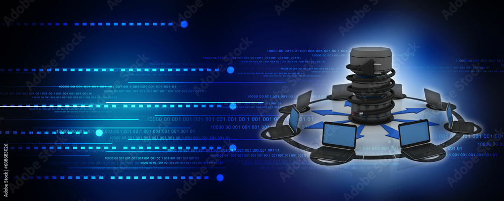 Poster 3d rendering technology computer network with database connected optical cable