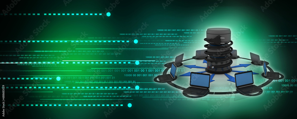 Poster 3d rendering technology computer network with database connected optical cable