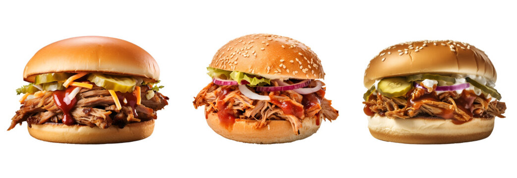 Pulled Pork Sandwich and BBQ Burger Set, Isolated on Transparent Background, PNG