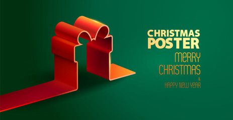 Red Christmas gift boxes on green background. Unusual 3D stylization. Holiday festive illustration for poster, banner and flyer.