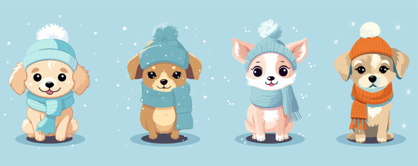 Vector illustration set of dogs wit scarfs and wool hat