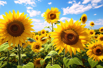 Obraz premium A field of beautiful vibrant sunflowers on a sunny day 