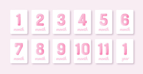 Baby milestone number cards. Set of monthly numbers cards from 1-11 months to  1 year.Newborn months postcards.  Watercolor cards. Vector