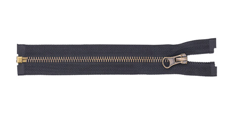 Black metal zipper isolated on white. Cutout zipper object. Vintage style clothing accessories. Sewer element background. Fastener isolated. Brown zipper teeth background. Retro style antique design.