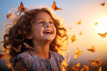 Happy brunette little girl excited looking up in the butterflies