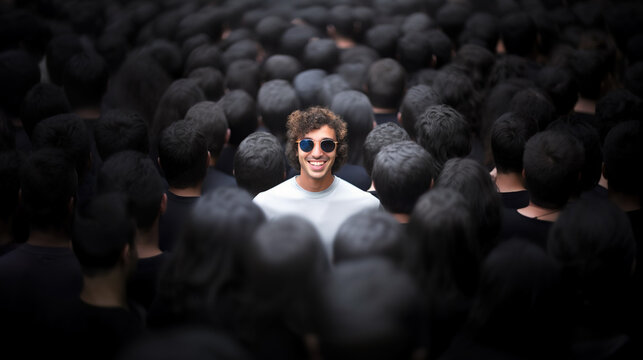 Smiling man standing  out from large crowd of people