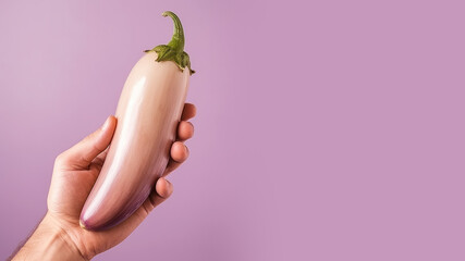 Hand holding eggplant vegetable isolated on pastel background - obrazy, fototapety, plakaty