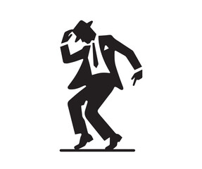 Stylish dancer man in a hat and suit. simple black icon, logo. Silhouette of a dancing person