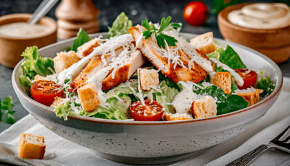 Caesar Salad. A bowl of Caesar Salad with croutons and cheese and vegetables, melting cheese - obrazy, fototapety, plakaty