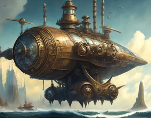 Concept of a large flying machine sailing in the sea in steampunk style generated by AI, digital art.