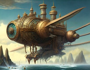 Concept of a large flying machine sailing in the sea in steampunk style generated by AI, digital art.