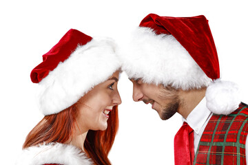 Two santa claus helpers on white background and free space for your decoration. 