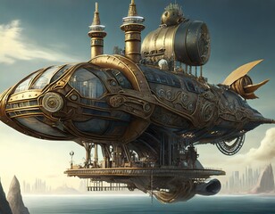 Concept of a large flying machine sailing in the sea in steampunk style generated by AI, digital art.