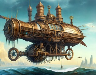 Concept of a large flying machine sailing in the sea in steampunk style generated by AI, digital art.