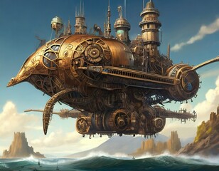 Concept of a large flying machine sailing in the sea in steampunk style generated by AI, digital art.