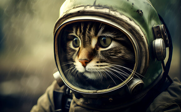 A cat wearing an old-fashioned astronaut helmet looks curious and ready for a space mission - Powered by Adobe