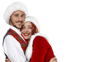Two santa claus helpers on white background and free space for your decoration. 