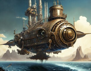 Concept of a large flying machine sailing in the sea in steampunk style generated by AI, digital art.