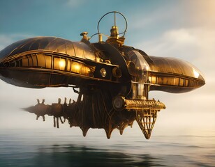 Concept of a large flying machine sailing in the sea in steampunk style generated by AI, digital art.