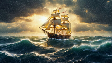 Old wooden sailing ship battles against towering huge waves and rain in a turbulent sea. As the storm clouds part, the radiant sun emerges, casting a warm and hopeful glow.