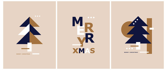 Christmas Vector Prints with Christams Trees and Xmas Wishes on a Blue, Gold, Beige and White Background. Winter Holidays Modern Minimalist Prints ideal for Poster, Greetings, Card. Cool Xmas Cards.