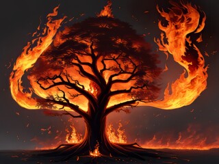 Árbol solitario ardiendo con fuego