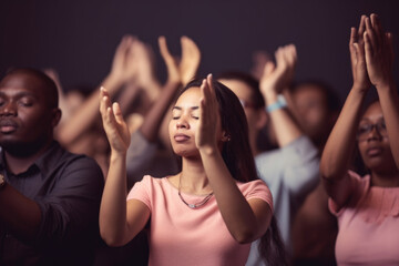 People with hands raised in prayer. Concept of collective worship and faith. - Powered by Adobe