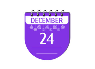 24 december christmas holiday memo notebook calendar page with date, snowflake. 3d one day purple winter holiday calendar date appointment, event reminder illustration.
