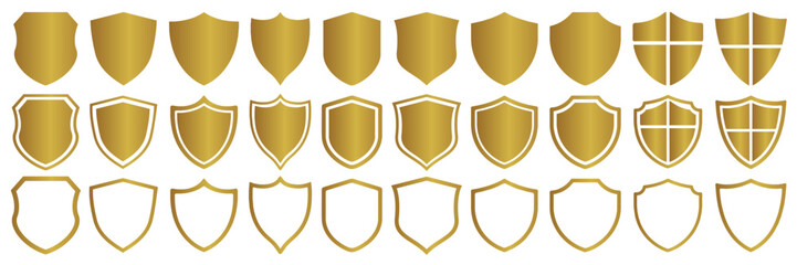 Set of gold shields. Collection of security shield icons. Shield badge quality symbol. 