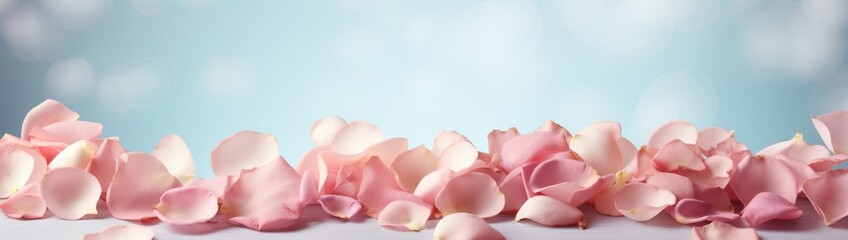 A scattering of delicate rose petals against a pastel background, thoughtfully arranged to form a border, making way for copious copy space in the middle.