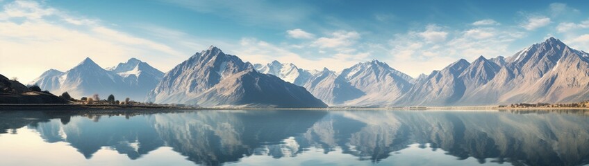 Fototapeta premium A serene lake reflecting majestic mountains, with a perfectly clear sky offering abundant space for copy.