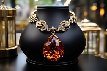 Gold necklace with amber stones on a black stand. - obrazy, fototapety, plakaty