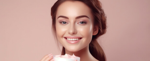 Beautiful woman smile use cream for good skin. face of a healthy woman apply cream and makeup. Advertisement for skin cream, anti-wrinkle, baby face, whitening, moisturizer, tighten pores