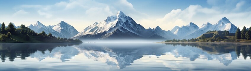 A serene lake reflecting majestic mountains, with a perfectly clear sky offering abundant space for copy.