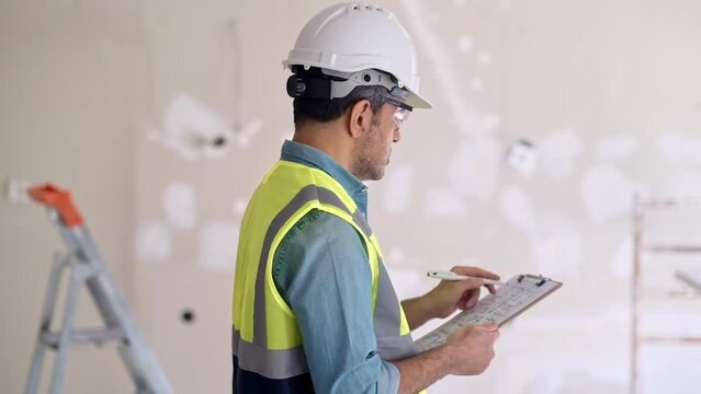 Engineer examining construction documentation holding clipboard and pen in hands man in professional uniform standing in unfinished premise ready for renovation