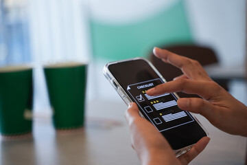 Customer feedback online concept, people check and correct mark on quality check list on application, Check list online.