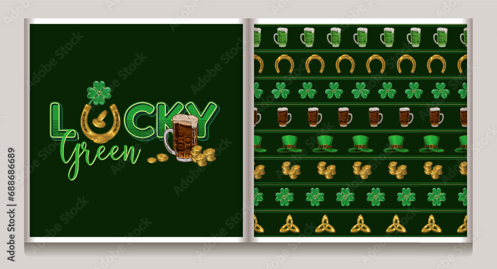 Poster st patricks day seamless pattern, label with holiday objects and symbols. geometric pattern with hor
