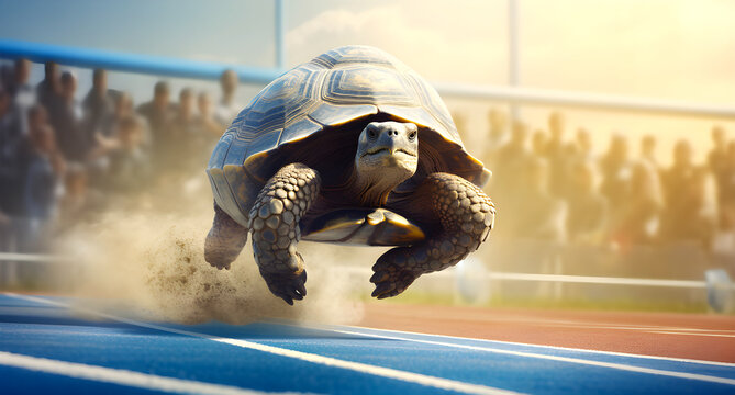 A turtle is running fast on a sports track, kicking up dust, with people watching in the background