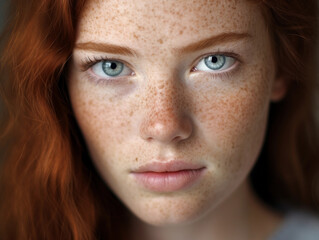 Close-up identity portrait of a woman with freckles, piercing blue eyes, medium-length auburn hair, subtle smile, natural light - obrazy, fototapety, plakaty