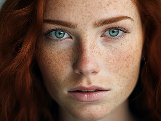 Close-up identity portrait of a woman with freckles, piercing blue eyes, medium-length auburn hair, subtle smile, natural light