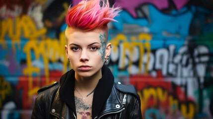 Identity portrait of a teenager with unique punk style, colorful mohawk, ear piercings