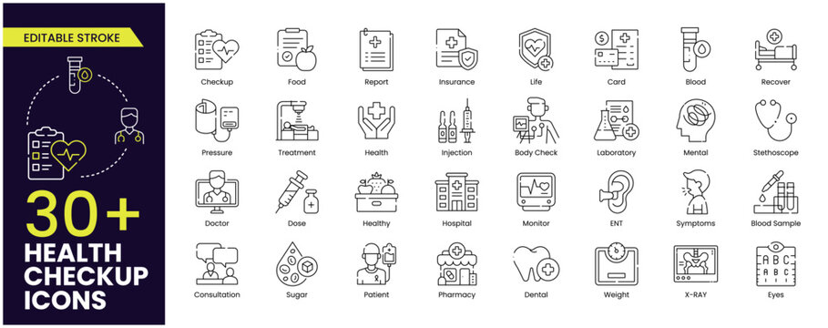 Health checkup stroke icon set. Medical care service icons such as checkup, patient, doctor, treatment, blood pressure, healthy food, injection, and health card. Vector stroke outline icon collections