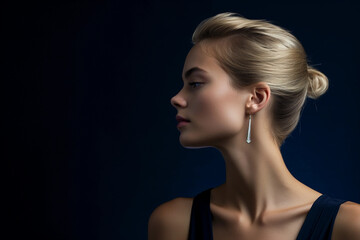 Fototapeta premium Business Woman, sharp side profile, navy backdrop, minimal jewelry