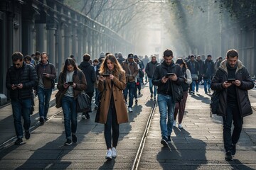 Foto mostrando o cotidiano conectado e dependente das pessoas nos smartphones e redes sociais, tecnologia e conexão 4G e 5G.	
