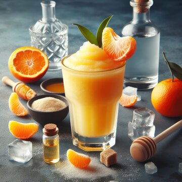Frozen tangerine drink, vodka shake, water, tangerine juice powder, honey, refined sugar, ice, drinks concept, generative ai