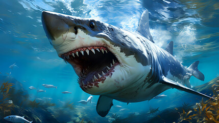 large shark with sharp teeth is swimming in the ocean with small fish around it. The water is blue,...