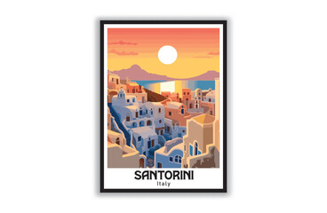 Santorini , Vintage National Park Posters, National Park Art Prints Nature Wall Art and Mountain Print Set Abstract Travel for Hikers Campers Living Room Decor. Vector illustration, Design, Colorful