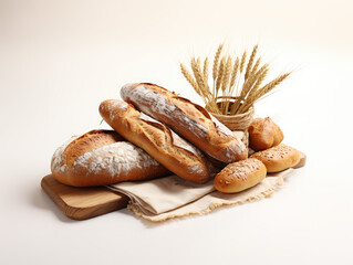Artisanal breads freshly baked and golden wheat stalks on a beige cloth.
