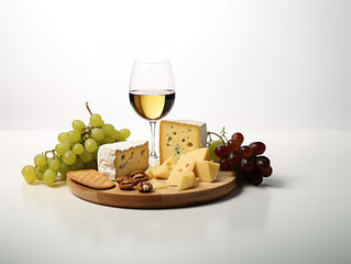A sophisticated cheese board with assorted cheeses, crackers, grapes, and a glass of white wine.