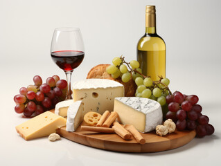 A sophisticated cheese board with assorted cheeses, crackers, grapes, bottle and a glass of red wine.